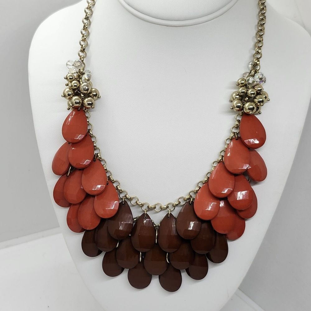 Tear Drop Bead Statement Bib Necklace Gold Tone